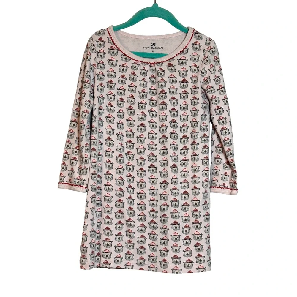 Ro's Garden Kids Pink Pima Cotton Bear Print Lounge Dress SZ 4 Long Sleeve